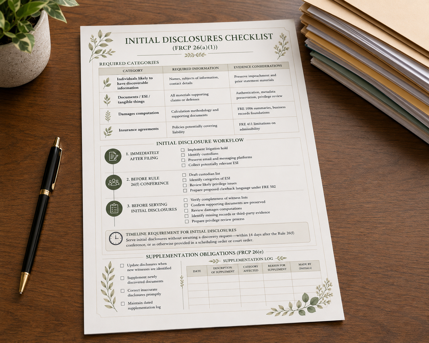 Initial Disclosures Checklist Printable | FRCP 26(a)(1) Civil Litigation Organizer